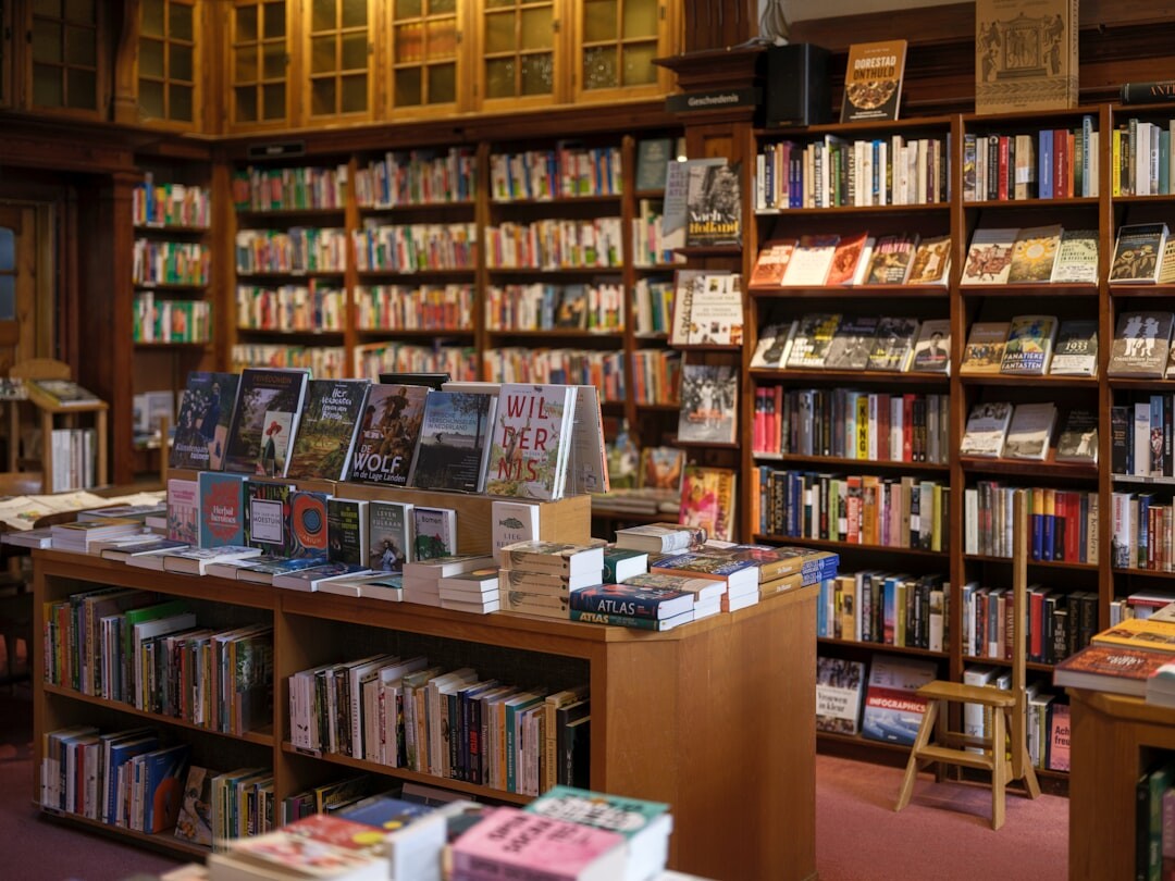 Cozy bookstore interior with wooden shelves full of books