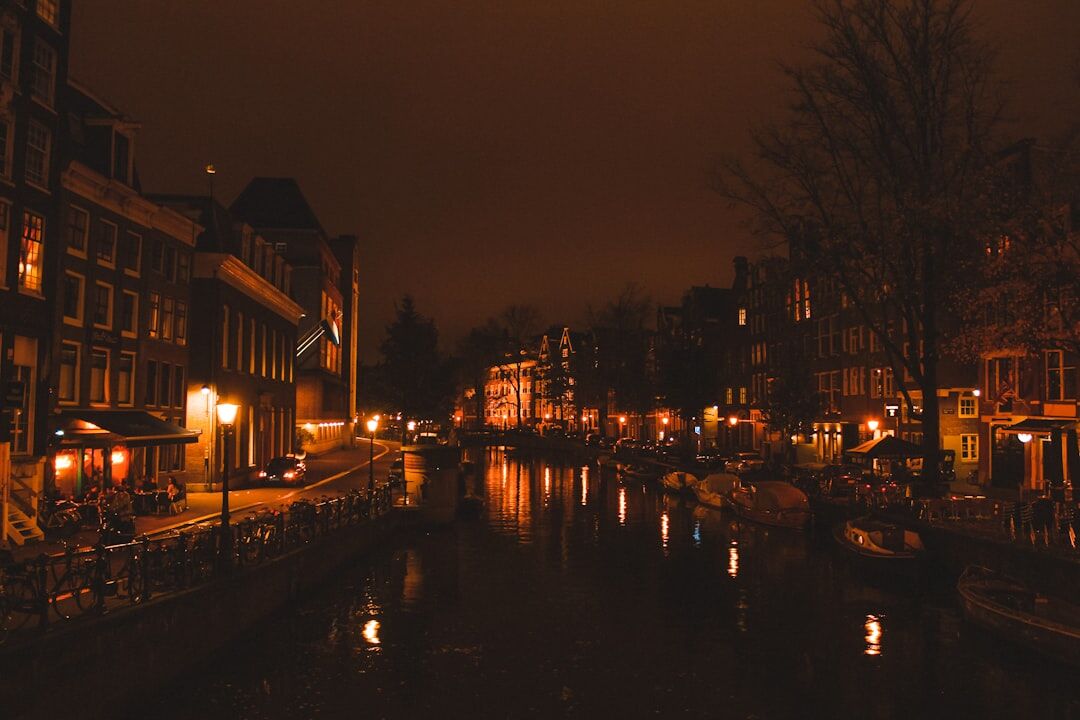 Foggy Amsterdam canal street at night with a single streetlight