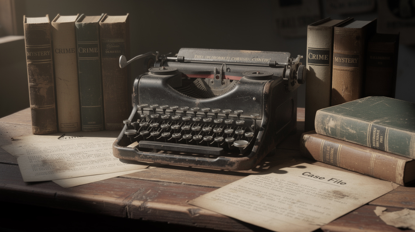 Old typewriter surrounded by vintage crime novels