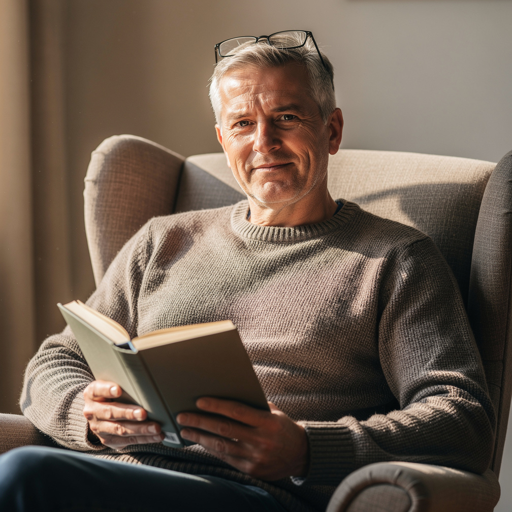 Dutch man in his fifties with reading glasses holding a book